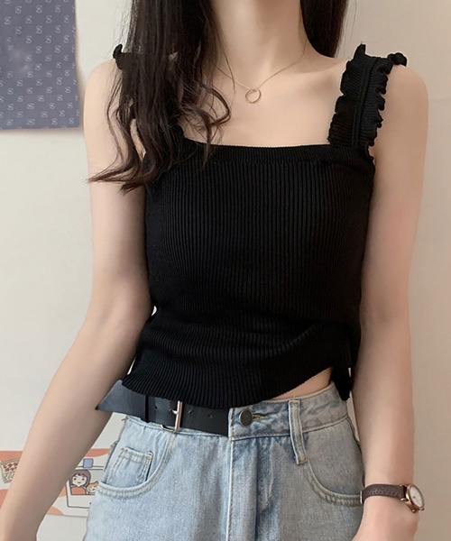 NinaetLina（ニナエリナ）の「リブニットスクエアネックタンクトップ（キャミソール・レディース・ホワイト/ブルー/ブラック/ベージュ・FREE）」の2枚目の写真