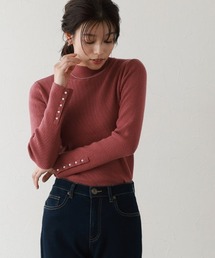 袖パールボタンリブニット  ハイネック