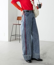 配色サイドステッチ ロールアップワイドデニムパンツ
