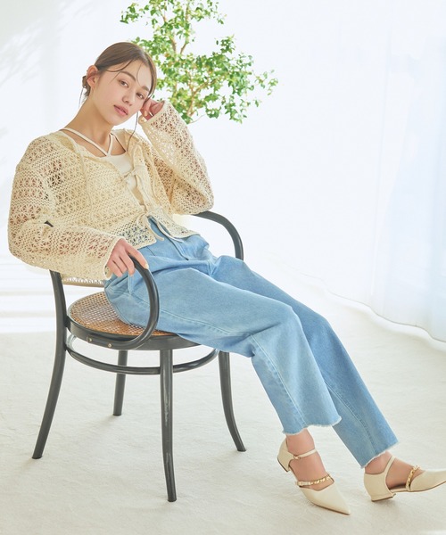 mysty woman（ミスティウーマン）の「【WEB限定】透かし編みリボンカーディガン  113918（カーディガン/ボレロ・レディース・ブラック/オフホワイト/オレンジ・FREE）」の6枚目の写真