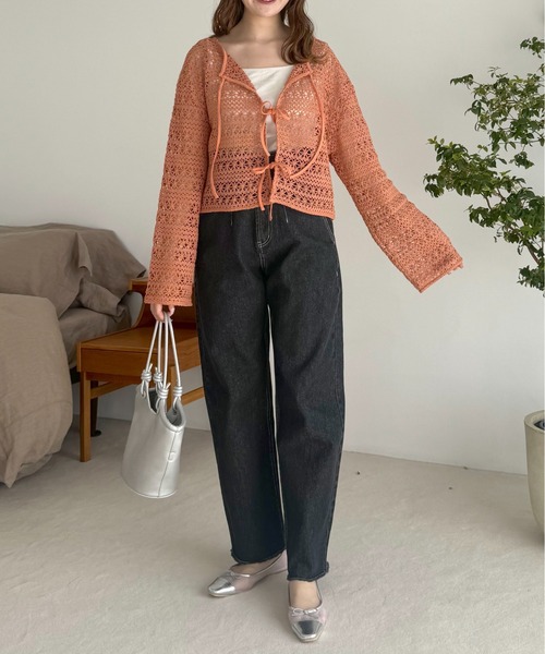 mysty woman（ミスティウーマン）の「【WEB限定】透かし編みリボンカーディガン  113918（カーディガン/ボレロ・レディース・ブラック/オフホワイト/オレンジ・FREE）」の22枚目の写真