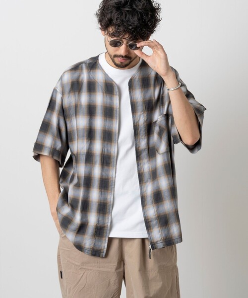 HINSON（ヒンソン）の「HINSON/ヒンソン フルジップカーデ ショートスリーブシャツ/オンブレチェック/半袖（シャツ/ブラウス・メンズ・ブラウン/ホワイト/ブラック・LARGE/MEDIUM）」の20枚目の写真