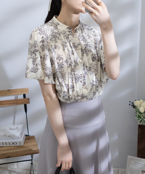 pumpkin port(パンプキンポート)の「パールボタン ピンタック フレア半袖 クロップド ブラウス(シャツ/ブラウス・レディース・グレー/ブラック/ホワイト×ブラック/ホワイト/グリーン/ピンク・M/L/LL)」の11枚目の写真