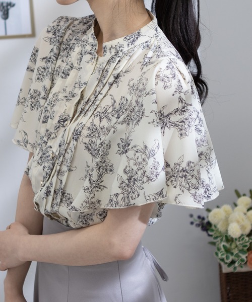 pumpkin port(パンプキンポート)の「パールボタン ピンタック フレア半袖 クロップド ブラウス(シャツ/ブラウス・レディース・グレー/ブラック/ホワイト×ブラック/ホワイト/グリーン/ピンク・M/L/LL)」の12枚目の写真