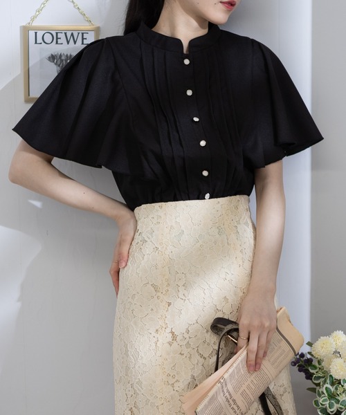 pumpkin port(パンプキンポート)の「パールボタン ピンタック フレア半袖 クロップド ブラウス(シャツ/ブラウス・レディース・グレー/ブラック/ホワイト×ブラック/ホワイト/グリーン/ピンク・M/L/LL)」の16枚目の写真