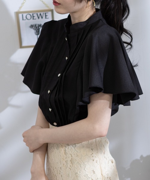 pumpkin port(パンプキンポート)の「パールボタン ピンタック フレア半袖 クロップド ブラウス(シャツ/ブラウス・レディース・グレー/ブラック/ホワイト×ブラック/ホワイト/グリーン/ピンク・M/L/LL)」の18枚目の写真