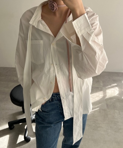 GIUNON（ジウノン）の「collarless tie neck shirt / カラーレスタイネックシャツ（シャツ/ブラウス・レディース・ブルー/ホワイト・FREE）」の10枚目の写真