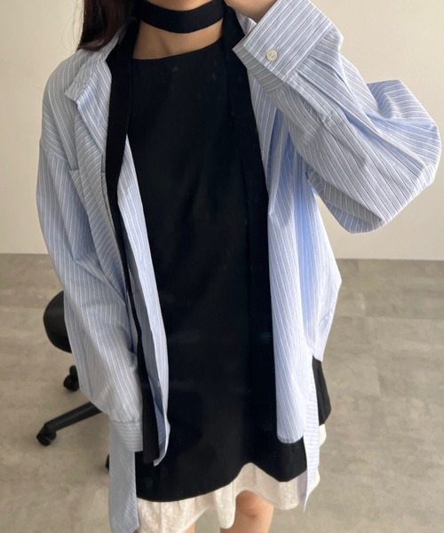 GIUNON（ジウノン）の「collarless tie neck shirt / カラーレスタイネックシャツ（シャツ/ブラウス・レディース・ブルー/ホワイト・FREE）」の3枚目の写真