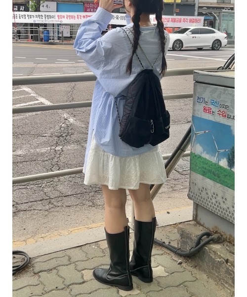 GIUNON（ジウノン）の「collarless tie neck shirt / カラーレスタイネックシャツ（シャツ/ブラウス・レディース・ブルー/ホワイト・FREE）」の4枚目の写真