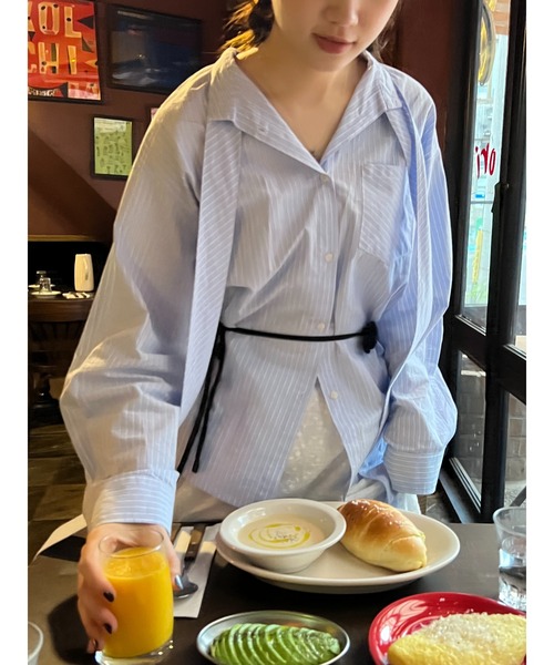 GIUNON（ジウノン）の「collarless tie neck shirt / カラーレスタイネックシャツ（シャツ/ブラウス・レディース・ブルー/ホワイト・FREE）」の6枚目の写真