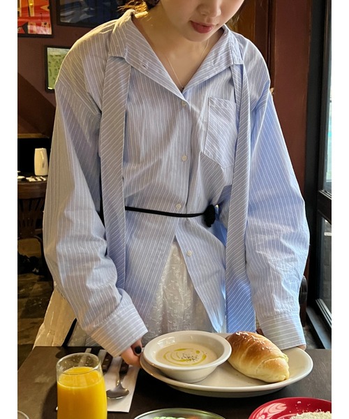 GIUNON（ジウノン）の「collarless tie neck shirt / カラーレスタイネックシャツ（シャツ/ブラウス・レディース・ブルー/ホワイト・FREE）」の7枚目の写真