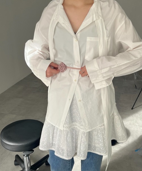 GIUNON（ジウノン）の「collarless tie neck shirt / カラーレスタイネックシャツ（シャツ/ブラウス・レディース・ブルー/ホワイト・FREE）」の13枚目の写真