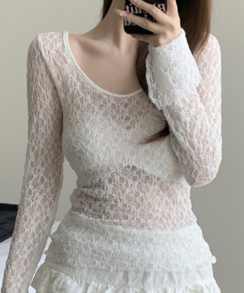 ROOPTOKYO（ループトウキョウ）の「Round Neck Lace Sheer Top / ラウンドネック レース シアートップス（Tシャツ/カットソー・レディース・アイボリー/ブラック・FREE）」の9枚目の写真