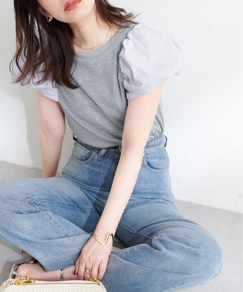 natural couture(ナチュラルクチュール)の「シアーラメテレコボリューム袖TOPS(Tシャツ/カットソー・レディース・ライトグレー/ブラック/ミント/アイボリー・FREE)」の1枚目の写真