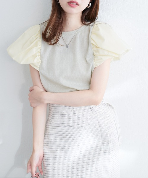 natural couture(ナチュラルクチュール)の「シアーラメテレコボリューム袖TOPS(Tシャツ/カットソー・レディース・ライトグレー/ブラック/ミント/アイボリー・FREE)」の7枚目の写真