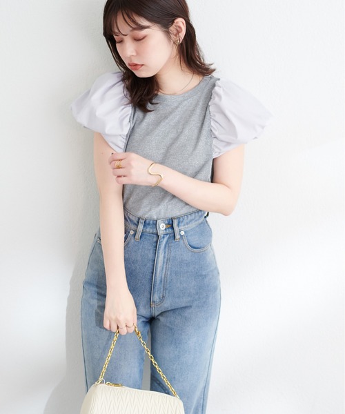 natural couture(ナチュラルクチュール)の「シアーラメテレコボリューム袖TOPS(Tシャツ/カットソー・レディース・ライトグレー/ブラック/ミント/アイボリー・FREE)」の17枚目の写真
