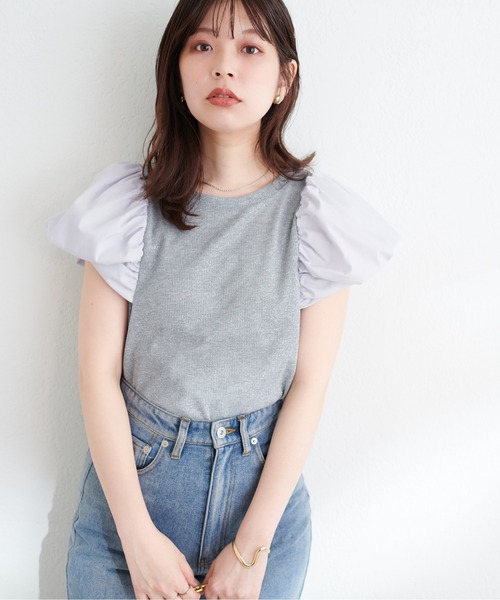 natural couture(ナチュラルクチュール)の「シアーラメテレコボリューム袖TOPS(Tシャツ/カットソー・レディース・ライトグレー/ブラック/ミント/アイボリー・FREE)」の16枚目の写真