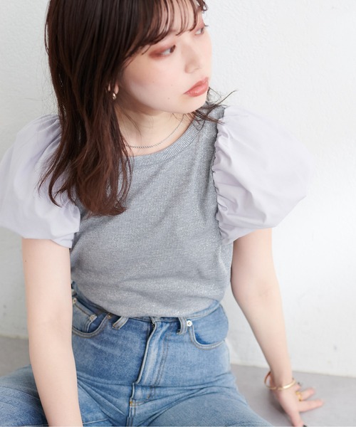 natural couture(ナチュラルクチュール)の「シアーラメテレコボリューム袖TOPS(Tシャツ/カットソー・レディース・ライトグレー/ブラック/ミント/アイボリー・FREE)」の15枚目の写真