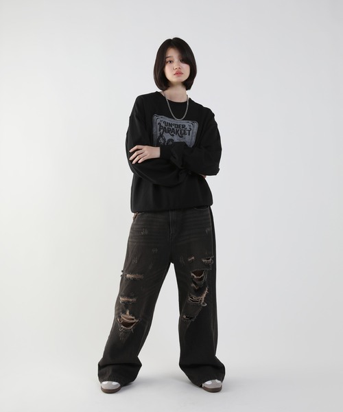 BEFTEY ままあたそ切り替えジャージーデニムパンツ（ブラックイエロー） FUNALIVE（ファンアライブ）の「デニムジャージ切替え2本サイド