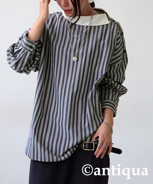 antiqua(アンティカ)の「アシメストライプシャツ(シャツ/ブラウス・レディース・ブラック・ONESIZE)」の2枚目の写真