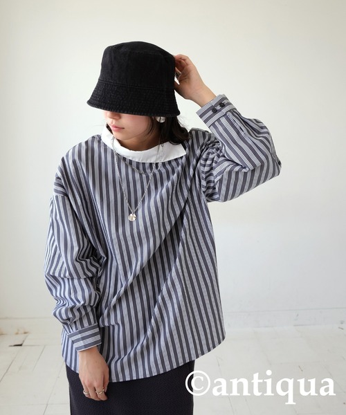 antiqua(アンティカ)の「アシメストライプシャツ(シャツ/ブラウス・レディース・ブラック・ONESIZE)」の4枚目の写真