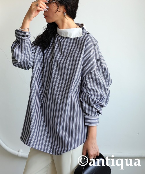 antiqua(アンティカ)の「アシメストライプシャツ(シャツ/ブラウス・レディース・ブラック・ONESIZE)」の7枚目の写真