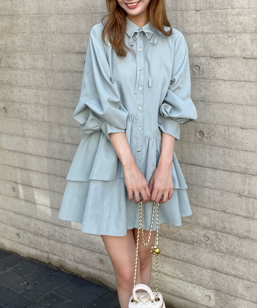 clear（クリア）の「【低身長用サイズ有】ピーチ起毛リボン付きアシメフリルシャツワンピース[着回し力抜群 ガーリー]≪再入荷≫（ワンピース・レディース・サックスブルー/グリーン/サンドベージュ/モカ・F/XS）」の4枚目の写真