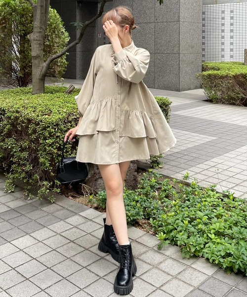 セール】【低身長用サイズ有】ピーチ起毛リボン付きアシメフリルシャツ