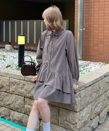 clear | ピーチ起毛リボン付きアシメフリルシャツワンピース[1枚で着れる ふんわりシルエット]≪2024AW新作≫(ワンピース)