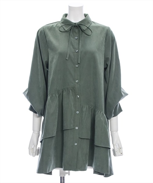 clear（クリア）の「【低身長用サイズ有】ピーチ起毛リボン付きアシメフリルシャツワンピース[着回し力抜群 ガーリー]≪再入荷≫（ワンピース・レディース・サックスブルー/グリーン/サンドベージュ/モカ・F/XS）」の21枚目の写真