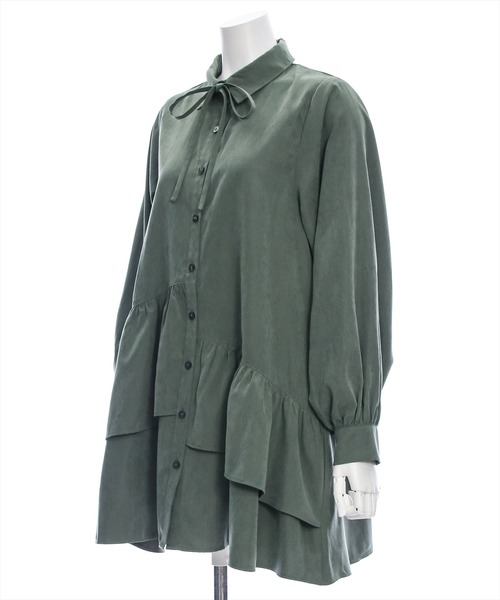 clear（クリア）の「【低身長用サイズ有】ピーチ起毛リボン付きアシメフリルシャツワンピース[着回し力抜群 ガーリー]≪再入荷≫（ワンピース・レディース・サックスブルー/グリーン/サンドベージュ/モカ・F/XS）」の11枚目の写真