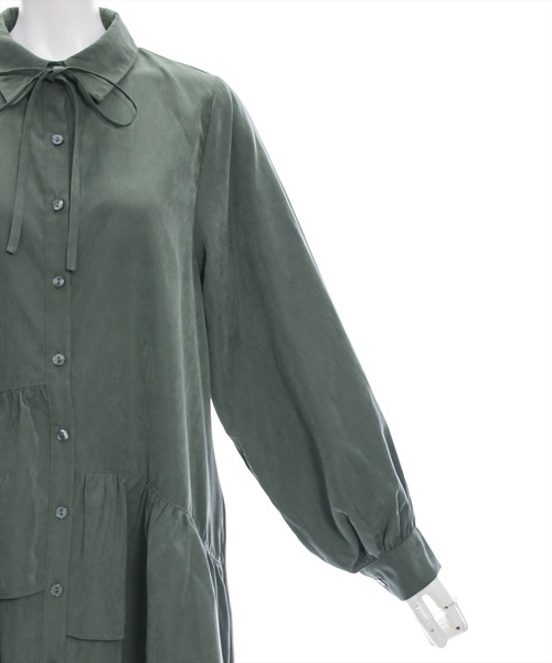 clear（クリア）の「【低身長用サイズ有】ピーチ起毛リボン付きアシメフリルシャツワンピース[着回し力抜群 ガーリー]≪再入荷≫（ワンピース・レディース・サックスブルー/グリーン/サンドベージュ/モカ・F/XS）」の16枚目の写真