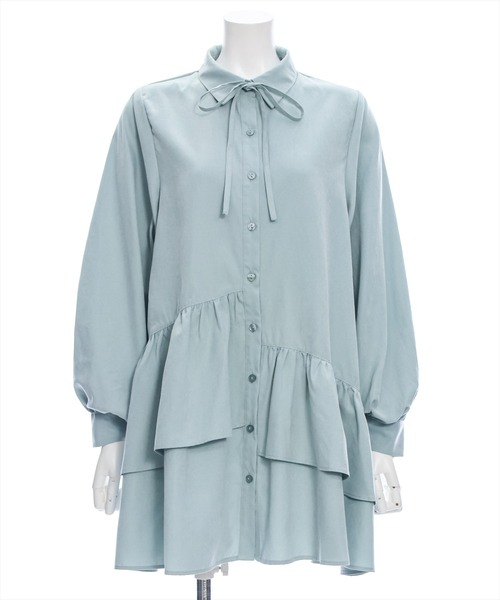 clear（クリア）の「【低身長用サイズ有】ピーチ起毛リボン付きアシメフリルシャツワンピース[着回し力抜群 ガーリー]≪再入荷≫（ワンピース・レディース・サックスブルー/グリーン/サンドベージュ/モカ・F/XS）」の20枚目の写真