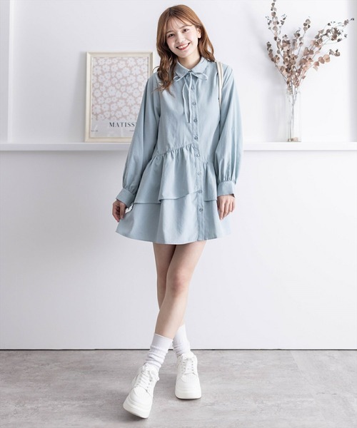 clear（クリア）の「【低身長用サイズ有】ピーチ起毛リボン付きアシメフリルシャツワンピース[着回し力抜群 ガーリー]≪再入荷≫（ワンピース・レディース・サックスブルー/グリーン/サンドベージュ/モカ・F/XS）」の5枚目の写真