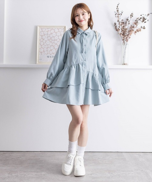 clear（クリア）の「【低身長用サイズ有】ピーチ起毛リボン付きアシメフリルシャツワンピース[着回し力抜群 ガーリー]≪再入荷≫（ワンピース・レディース・サックスブルー/グリーン/サンドベージュ/モカ・F/XS）」の6枚目の写真