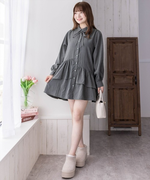 セール】【低身長用サイズ有】ピーチ起毛リボン付きアシメフリルシャツ