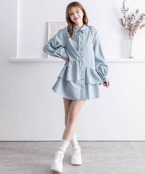 clear（クリア）の「【低身長用サイズ有】ピーチ起毛リボン付きアシメフリルシャツワンピース[着回し力抜群 ガーリー]≪再入荷≫（ワンピース・レディース・サックスブルー/グリーン/サンドベージュ/モカ・F/XS）」の7枚目の写真