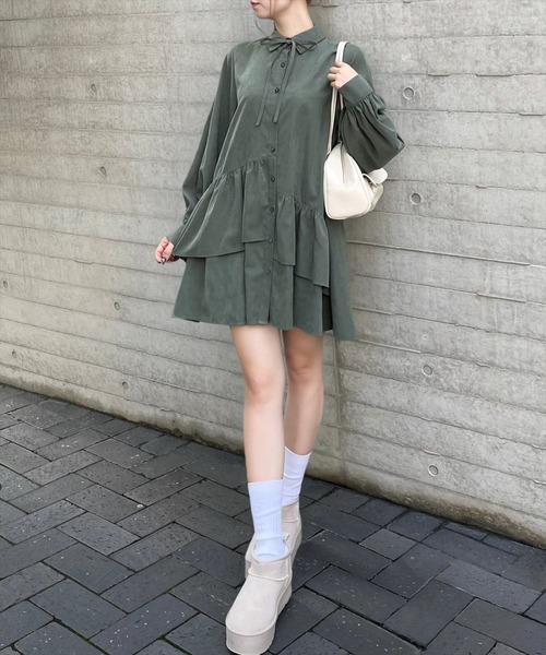 clear（クリア）の「【低身長用サイズ有】ピーチ起毛リボン付きアシメフリルシャツワンピース[着回し力抜群 ガーリー]≪再入荷≫（ワンピース・レディース・サックスブルー/グリーン/サンドベージュ/モカ・F/XS）」の22枚目の写真