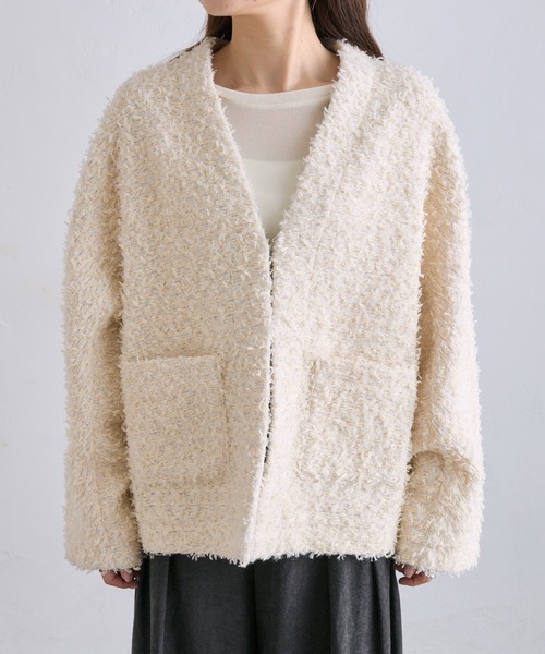 PUAL CE CIN（ピュアルセシン）の「ツイードライクニットボンディングジャケット（ノーカラージャケット・レディース・アイボリー/グレー/ブラック・FREE）」の13枚目の写真