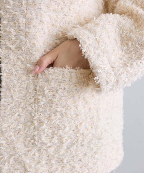 PUAL CE CIN（ピュアルセシン）の「ツイードライクニットボンディングジャケット（ノーカラージャケット・レディース・アイボリー/グレー/ブラック・FREE）」の18枚目の写真