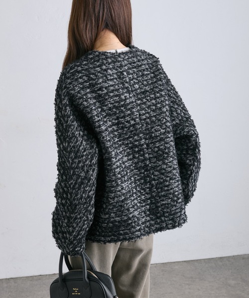 PUAL CE CIN（ピュアルセシン）の「ツイードライクニットボンディングジャケット（ノーカラージャケット・レディース・アイボリー/グレー/ブラック・FREE）」の6枚目の写真