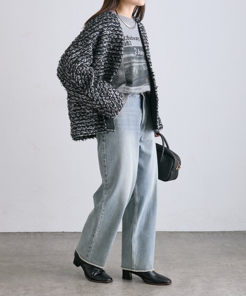 PUAL CE CIN（ピュアルセシン）の「ツイードライクニットボンディングジャケット（ノーカラージャケット・レディース・アイボリー/グレー/ブラック・FREE）」の12枚目の写真