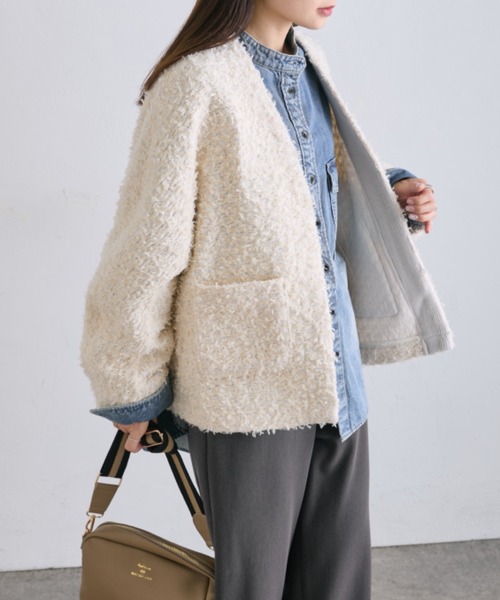 PUAL CE CIN（ピュアルセシン）の「ツイードライクニットボンディングジャケット（ノーカラージャケット・レディース・アイボリー/グレー/ブラック・FREE）」の21枚目の写真