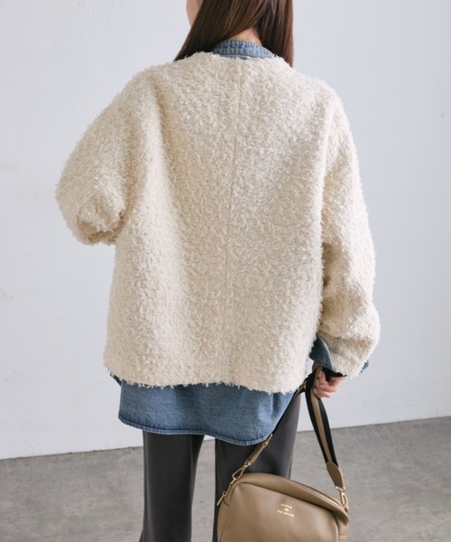 PUAL CE CIN（ピュアルセシン）の「ツイードライクニットボンディングジャケット（ノーカラージャケット・レディース・アイボリー/グレー/ブラック・FREE）」の22枚目の写真