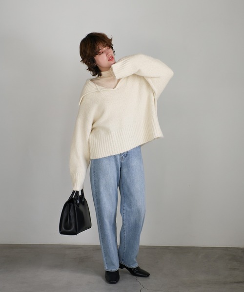 select MOCA(セレクトモカ)の「ビッグカラーキーネックニット(ニット/セーター・レディース・アイボリー/ブラック/ベージュ/チャコールグレー・FREE)」の8枚目の写真