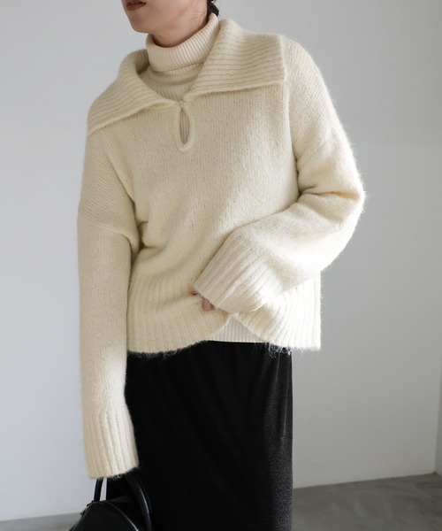 select MOCA(セレクトモカ)の「ビッグカラーキーネックニット(ニット/セーター・レディース・アイボリー/ブラック/ベージュ/チャコールグレー・FREE)」の17枚目の写真