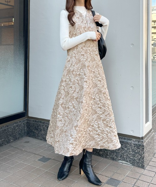 セール】【オケージョン対応】ジャガードフラワーワンピース