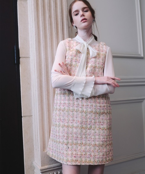 うめ　　ルルウィルビー　ツイード ノースリーブワンピース　ピンク セール】【LOULOU WILLOUGHBY】LINTONツイードジャンパー