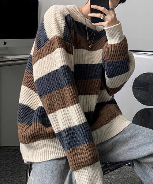 NOWLE(ノウル)の「【NOWLE】パステルカラー プルオーバー ボーダー ニット(ニット/セーター・メンズ・ブラック/ブラウン/ブルー・MEDIUM/LARGE/X-LARGE)」の2枚目の写真