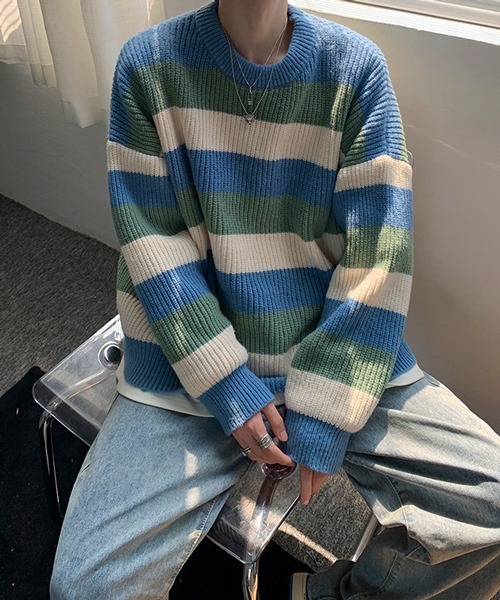 NOWLE(ノウル)の「【NOWLE】パステルカラー プルオーバー ボーダー ニット(ニット/セーター・メンズ・ブラック/ブラウン/ブルー・MEDIUM/LARGE/X-LARGE)」の3枚目の写真